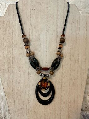 Handcrafted Boho Black and Amber Pendant Necklace